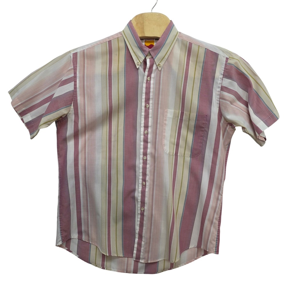 Vintage Career Club Mens Large Short Sleeve Striped Button Down Shirt Burgundy
